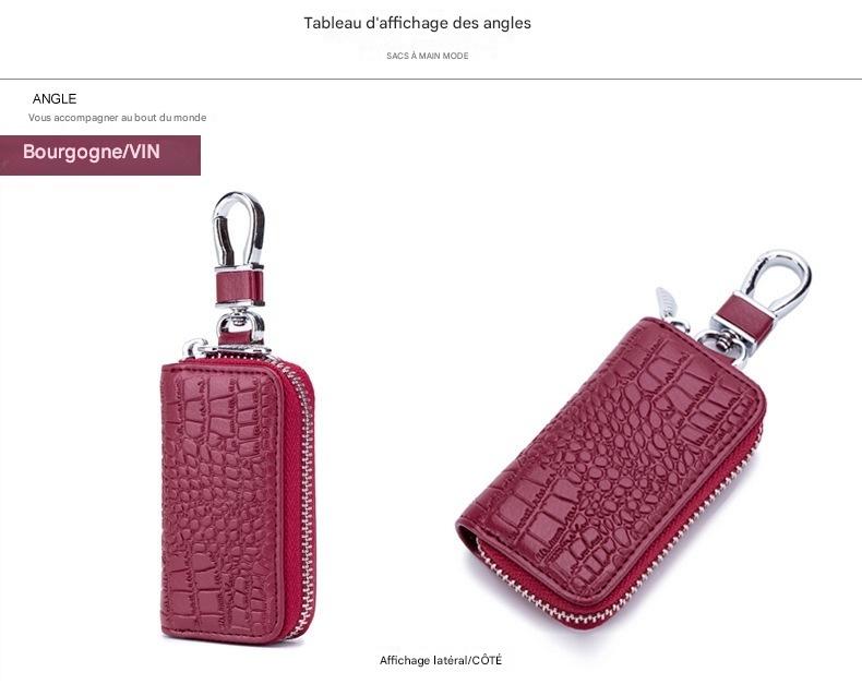 Porte-clés en cuir vin bourgogne à effet croco avec fermeture éclair et mousqueton argenté