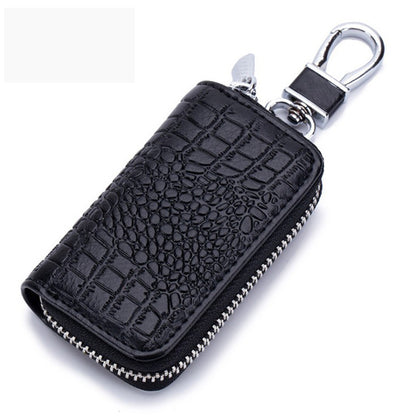 Porte-clés en cuir noir texturé effet croco avec fermeture éclair et mousqueton métallique