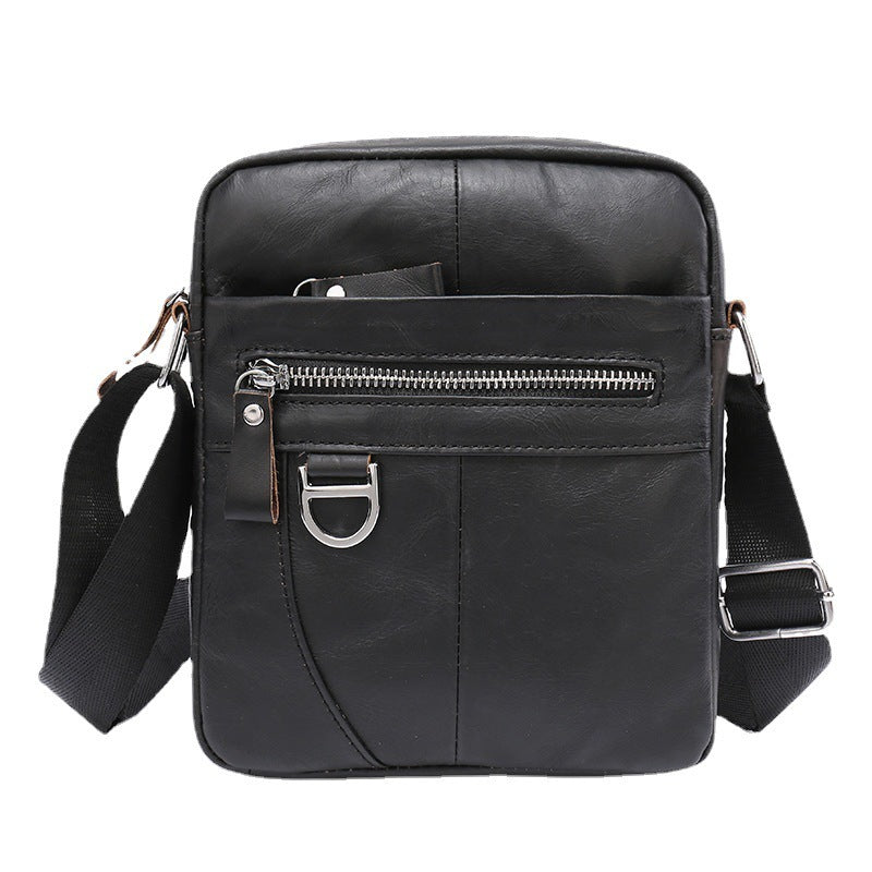 Sac bandoulière noir en cuir avec poche zippée ronde et sangle réglable en toile
