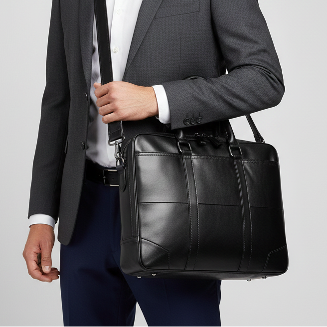 Homme en costume gris portant une chemise blanche, tenant une sacoche en cuir noir élégante