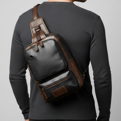 Sac bandoulière en cuir noir et marron porté par un homme en pull gris foncé