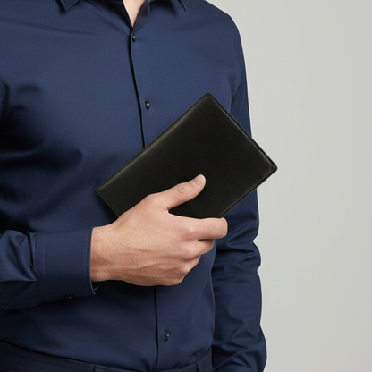 Homme en chemise bleue tenant un portefeuille noir en cuir dans la main