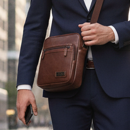 Homme en costume bleu portant un sac bandoulière en cuir marron, tenant un smartphone en main en ville