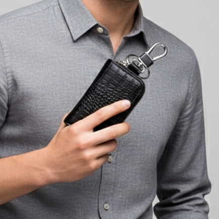 Homme en chemise grise tenant un porte-clés en cuir noir texturé avec mousqueton