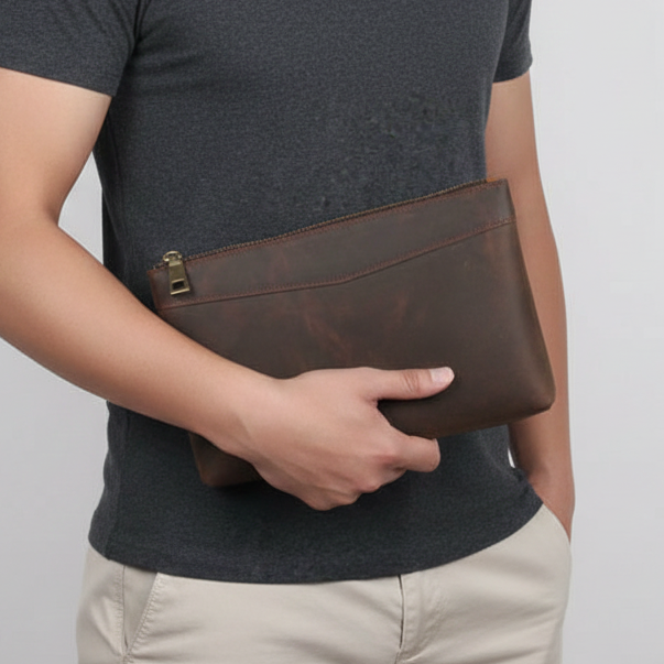 Homme tenant une pochette marron en cuir avec fermeture éclair, tenue décontractée
