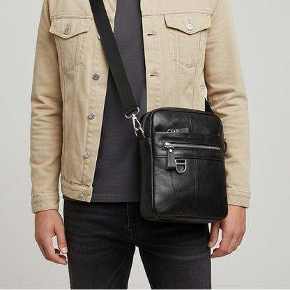 Sacoche noire en cuir portée en bandoulière par un homme habillé d'une veste beige et d'un t-shirt gris