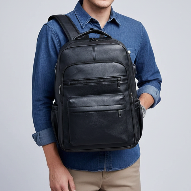 Homme portant un sac à dos noir en cuir avec plusieurs poches zippées, style urbain et décontracté