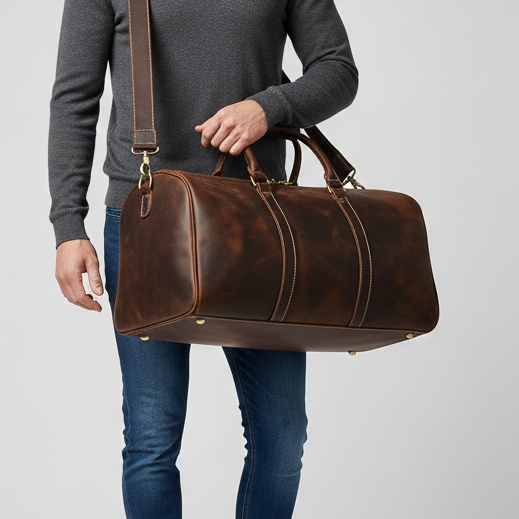 Sac de voyage en cuir marron porté par un homme en pull gris et jeans bleu