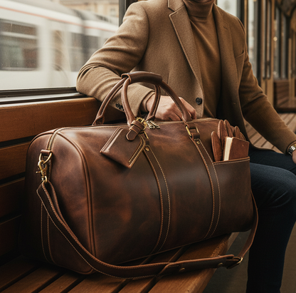 Sac de voyage en cuir marron avec détails dorés posé sur banc de train, homme élégant en manteau camel