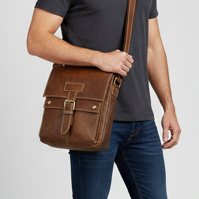 Homme portant un sac bandoulière en cuir marron vintage avec boucle et coutures visibles, tenue décontractée