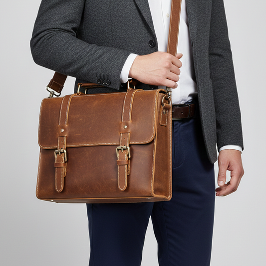 Homme élégant en costume tenant une sacoche en cuir marron vintage pour business