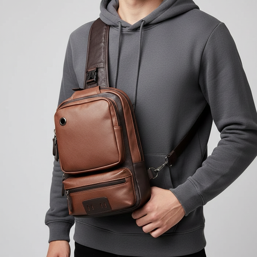 Sac à dos en cuir marron porté en bandoulière par un homme en sweat à capuche gris