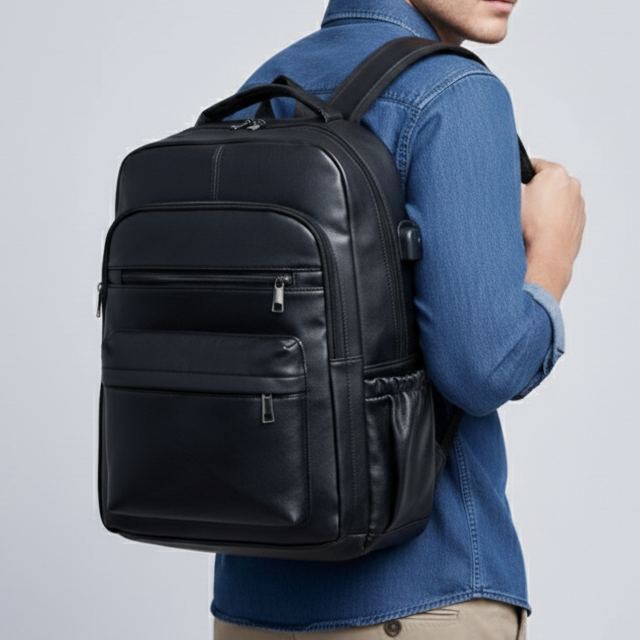 Sac à dos noir en cuir porté par un homme en chemise en jean bleue, design moderne et épuré