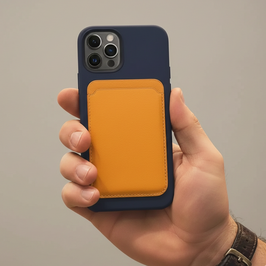Main tenant un smartphone avec une coque noire et un porte-cartes en cuir orange attaché au dos