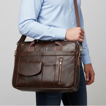 Homme portant une sacoche marron en cuir avec poches à rabat et zip, tenue décontractée