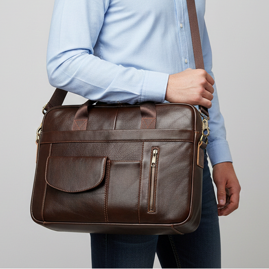 Homme portant une sacoche marron en cuir avec poches à rabat et zip, tenue décontractée