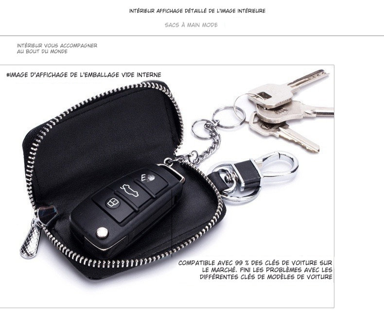 Porte-clés en cuir noir zippé avec télécommande de voiture et trousseau de clés métal, accessoire mode