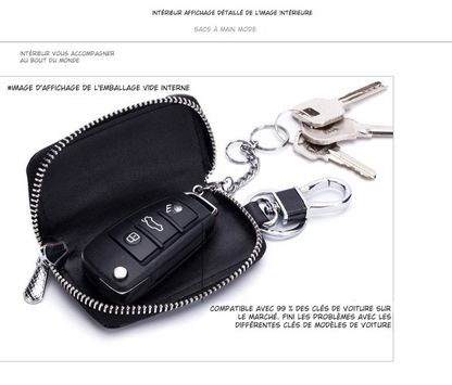Porte-clés en cuir noir zippé avec télécommande de voiture et trousseau de clés métal, accessoire mode